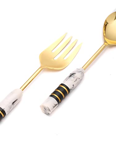 Yotreasure Tiramisu Resin & Gold Plated Metal Ivory Black Salad Server Set For Modern Kitchen, Serving Utensils Spoon And Fork For Serving Salad #TOP5