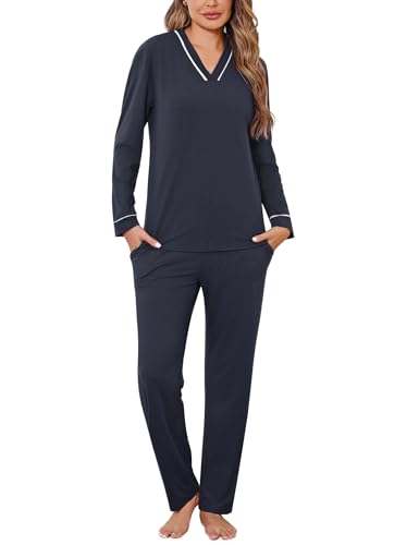 Crewhpo Pijama Mujer Invierno de Algodón Conjunto de Pijamas para Mujer Manga Larga Ropa de Dormir Camiseta y Pantalones Largo con Bolsillos