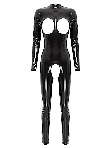 MSemis Jumpsuit pour Femme Catsuit Cuir Femme Coquine Erotique Ouvert Entrejambe Salopettes Romper S-4XL Noir E L
