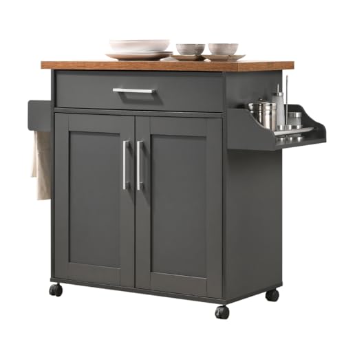 Hodedah Rolling Wood Kitchen Island Cart with Spice Rack, Towel R...