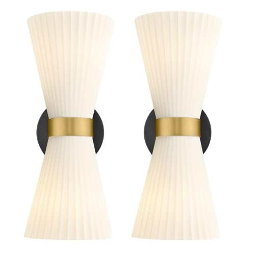 Image of Wall Sconces Set of Two, HWH 14.3 Inch Black and Gold Bathroom Sconces with Frosted Milk White Striped Glass, Up Down Modern Wall Light fixtures for Living Room Bedroom, 5HZG97B-2W-2PK BK+BG