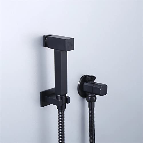 ASerZenith Rociador De Bidé Portátil para Inodoro, Grifo De Bidé Frío Individual con Pulsador, Kit De Ducha De Latón Macizo Negro Mate, Juego De Ducha Cuadrado(Conjunto B)