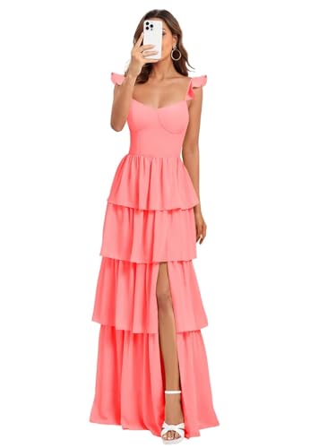 Amazon.com: Dessiny Coral Tiered Ruffles Bridesmaid Dress for Women 2026 Spaghetti Straps Formal Evening Dresses for Women US0 : Clothing, Shoes & Jewelry