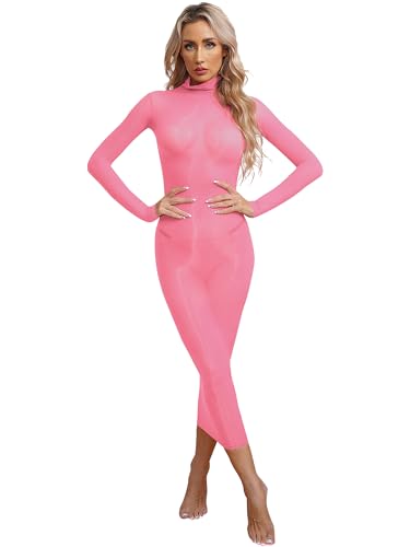 Aislor Damen Kleider Transparent Mesh Kleid Stretch Bodycon Mini Kleid Langarm Bleistiftkleid Dessous Kleid Sexy Unterwäsche Reizwäsche A Rosa One...