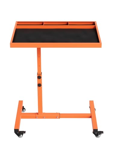 Rolling Tool Tray on Wheels 220LBS Capacity Steel Mobile Work Table Adjustable Height 38-45 Mechanic Works Table for Garage Bike Work Shop (Orange)