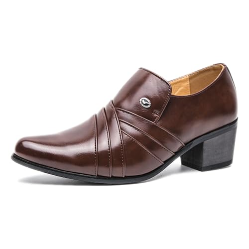 Men's Leather Pointed Toe Block Heels Slip-on Oxford Shoes Comfort Medium Chunky Heels Retro Low Top Dress Prom Shoes for Wedding Business Work Dating (Brown,10)