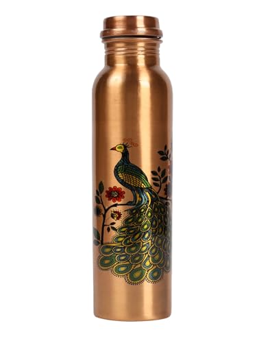 Image of ANARO Pure Copper Water Bottle with No Joint and | Leak Proof & Rust Proof I Copper Bottle for Home, School & Office | Matte Finish (Peacock, 1)