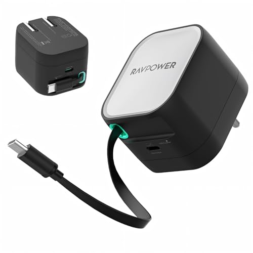 Image of RAVPower 45W GaN PD Fast Charger with Retractable Type-C Cable | 2-Port Wall Adapter (2 USB-C)| Foldable Pin Travel Charger for iPhone, Samsung,Vivo,Oppo,iPad, MacBook & Type C Laptop