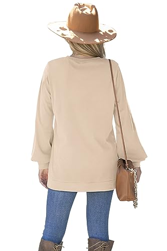 WIHOLL Crew Neck Sweatshirts Women Fall Loose Fitting Basic Tops Lightweight Beige L - Thumbnail 5