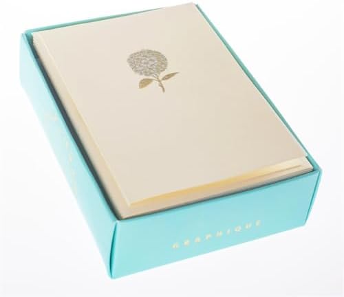 Graphique Hydrangea La Petite Presse Boxed Notecards, 10 Embellished Gold Foil Blank Cards with Matching Envelopes and Storage Box, 3.25" x 4.75"