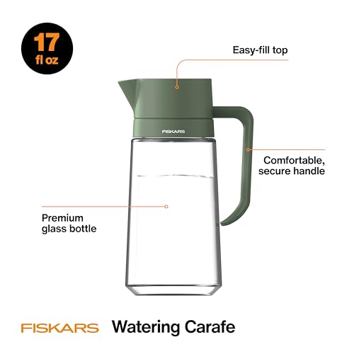 Image of Fiskars Glass Watering Can for Indoor Plants, Small Pitcher for Succulents & Herbs, Easy Fill Top Design and Mess Free Pouring with Narrow Spout for House Plants, Modern Decor Style, 17 oz, Clear