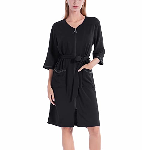 Women Zipper Robe Half Sleeve Housecoat Cotton Waffle Knit Robe Zip Up Bathrobes Short Nightgown Loungewear With Pockets #TOP1
