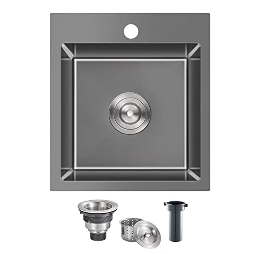 15 Inch Bar Sink, Kinkib Drop In Topmount Bar Sink Or Prep Kitchen Sink Black, Handmade Single Bowl T-304 Stainless Steel Small Overmount Kitchen Sink With Basket Strainer #TOP2