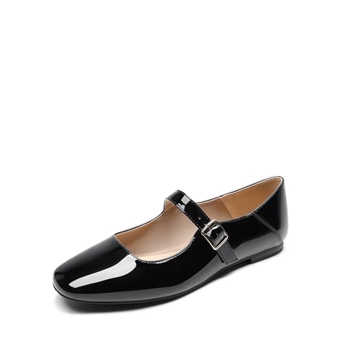 DREAM PAIRS Women's Silver Square Toe Mary Jane Flats: Comfortable Casual Slip On Dress Shoes with Buckle Strap for Women's Daily Wear 6.5 Black-pat