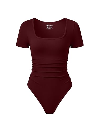 Image of OQQ Women Bodysuits Ruched Short Sleeve Square Neck Stretch Lounge Travel Bodysuits