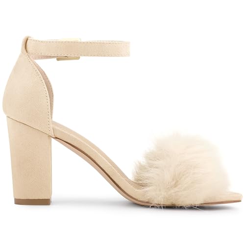 Allegra K Allegra K Women's Ankle Strap Faux Fur Block Heels Beige Sandals 11 M US