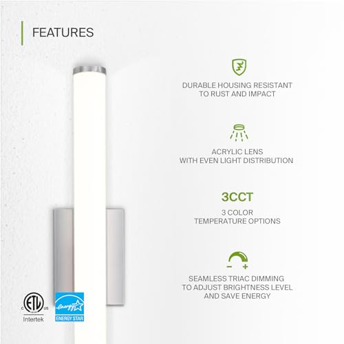 ASD 24" LED Linear Vanity Light Fixture, Modern Bathroom Sconce — 3 Color 3000K-5000K, Dimmable, 25W 1750LM, Energy Star & ETL Listed — Over Mirror Makeup Slim Bar for Bedroom, Cabinets — Nickel by ASD - Image 3