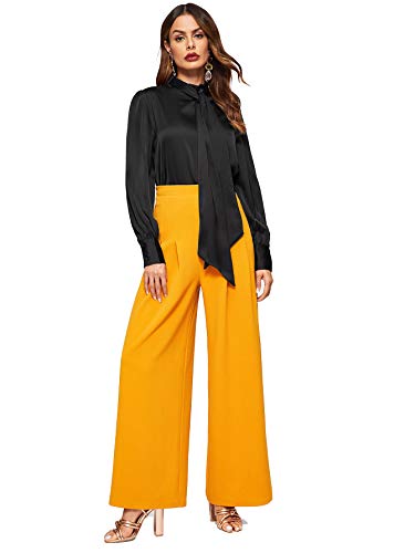 Romwe Women's Solid Print Elegant Bow Tie Neck Long Sleeve Work Office Blouse Top Black Satin L #TOP3