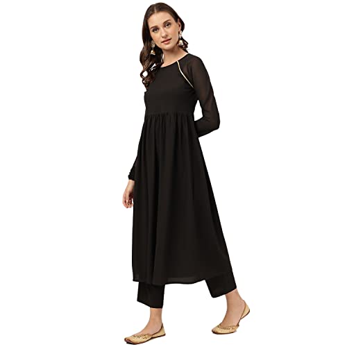 Image of FIORRA Women's Black Poly Crepe A-line Kurta with Pant and Dupatta