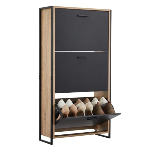 CASABEL Mueble Zapatero de Madera - Zapatero Grande con Capacidad para 18 Pares, Dimensiones 23,5 x 63 x 119cm, Estructura de Metal Reforzada, Asa Metálica, Instalación Rápida, MDF y Hierro