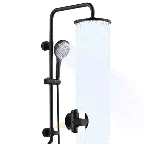 BRIGHT SHOWERS Rain Shower System Combo - 9 Inch Rainfall & Handheld Shower Heads with Power Wash, Solid Brass Rail, Height Adjustable Holder, 60 Inch Long Stainless Steel Hose, Matte Black