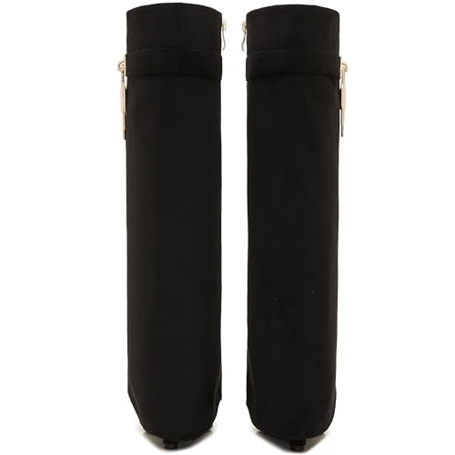 Image of Fold Over Boots for Women Pointy Pull-on Wedge Heel Knee Shark Boot With Side Zipper Padlock Design