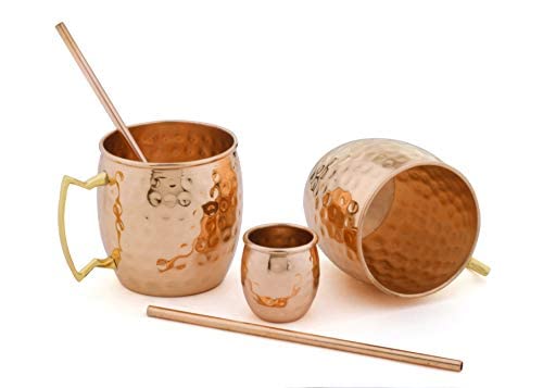 Artisans Village Moscow Mule Mugs | Set Of 2 | 100% Pure Copper Solid Mugs | Gold Brass Handles | Size 16 Oz | Bonus: Premium Straws And Shot Glass #TOP4
