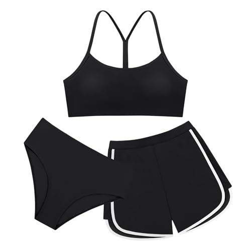Image of Weixinbuy Girls 3 Piece Swimsuit Bathing Suits Solid Bikini Set with Printed Sports Shorts Swimwear for 9-16Y Teen Girls