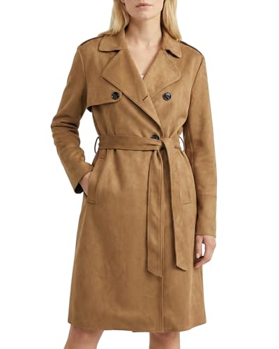 Women's Faux Suede Trench Coat - Classic long trench coat for women with Notched Collar, Double-Breasted Buttons, Adjustable Waist Belt, Warm & Stylish Faux Suede Jacket for Fall & Winter(Brown)-L