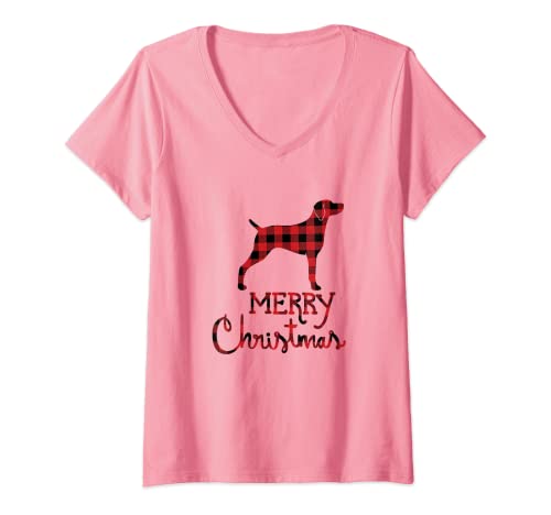 Womens Red Plaid Weimaraner Lover Christmas Matching Family Pajama V-Neck T-Shirt
