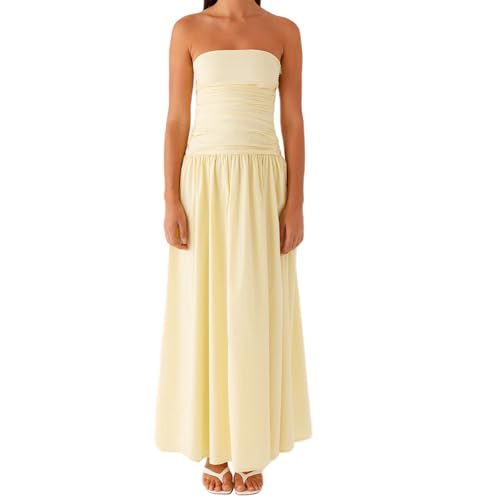 Image of Women Tube Top Maxi Dress Summer Strapless Backless Bodycon Long Bandeau Dress Elegant Off Shoulder A Line Dresses