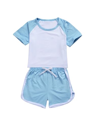 Kids 2-piece Athletic Outfit Short-sleeve T-shirt With Bowknot Shorts For Workout Gym Hiking Light Blue 5-6 Years