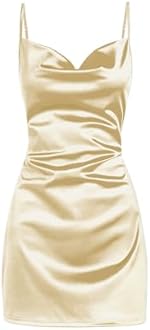 ZAFUL Women's Satin Sleeveless Spaghetti Strap Mini Dress Side Slit Cowl Neck Cocktail Party Dresses