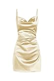 ZAFUL Women's Satin Sleeveless Spaghetti Strap Mini Dress Sexy Slip Cowl Neck Silky Cocktail Party Dresses(Gold, S)