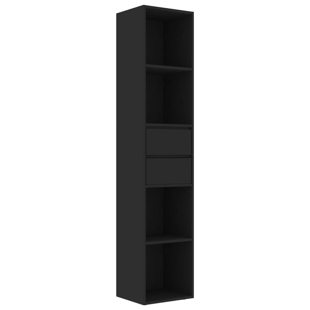 Libreria Nera Moderna Con 4 Ripiani E 2 Cassetti – Alta E Stretta 36x30x171 Cm, In Legno Multistrato, Per Soggiorno, Camera O Ufficio