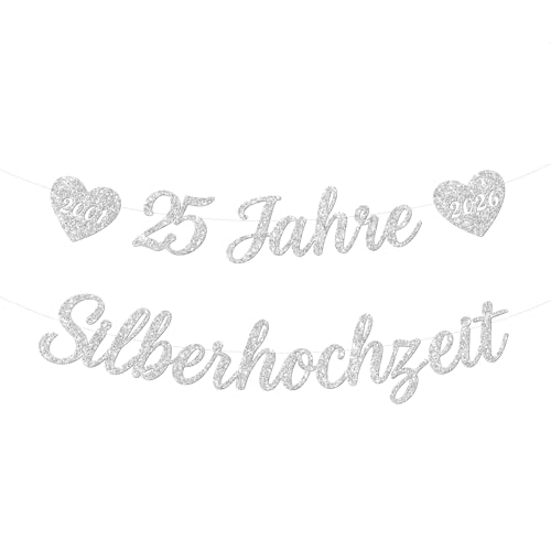 COMOOKA Silberhochzeit Girlande 25 Jahre - Silberhochzeit Deko Banner aus Glitzerpapier - Girlande Silber Hochzeit - Hängende Dekoration für Silber Hochzeit 25. Jubiläum 25. Hochzeitstag usw.