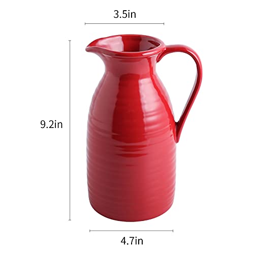 Farmhouse Pitcher Vase - Red Vases For Home Decor, Ceramic Vases For Flower, Rustic Milk Jug With Handle For Living Room/Red #TOP4