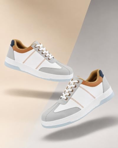 Image of STANPHORD Men's Colourblock Chunky Lightweight Lace-Up Sneakers | Casual Synthetic Leather Shoes with PU Cushioned Insole & Non-Slip Rubber Sole | Comfortable Round Toe Walking Footwear Built for Men Seeking Trendy Street Style with All-Day Comfort | Ideal for Office, Travel, Weekend & Daily Wear | Available in White Grey | UK Sizes 6-11