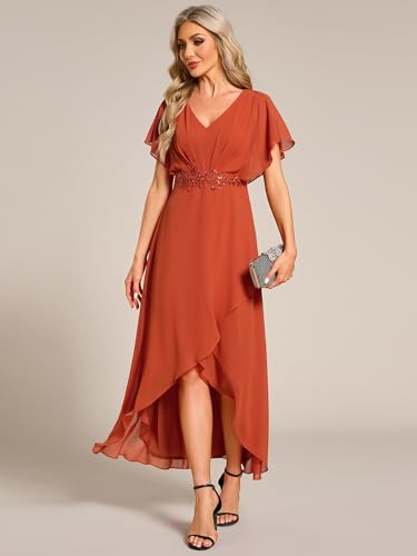 Image of Ever-Pretty Women's Formal Dress A Line V Neck Applique Waist Tea Length Wedding Guest Dress Burnt Orange US12