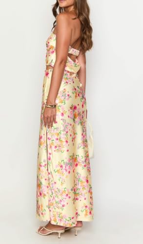 UAURORAO Women Floral Maxi Skirt Set Strapless Crop Tube Top High Slit Long Skirt 2 Piece Tropical Vacation Outfits 5