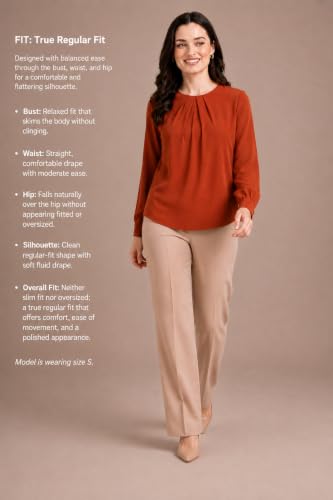 Image of Mirana Women's Full Sleeve Solid Top | Round Neck Pleated Front Regular Fit Office Casual Blouse with Button Cuffs