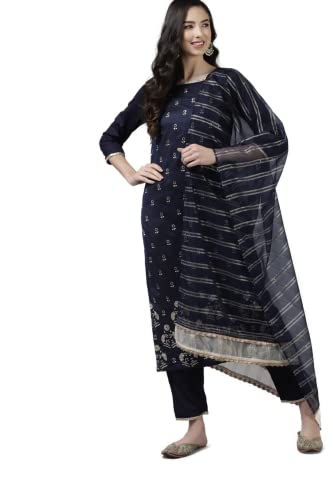 Image of INDO ERA Women Pure Cotton Navy Blue Kurta Set