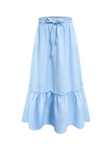 Image of Girls High Waisted Ruffle Maxi Skirt Soft Cotton Long Skirts with Elastic Waistband for Kid Girl 3-12 Years