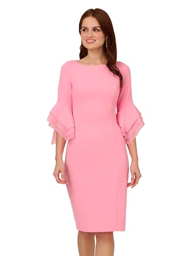 Image of Adrianna Papell Stretch Knit Crepe Sheath Dress with Tiered Organza Bell Sleeve