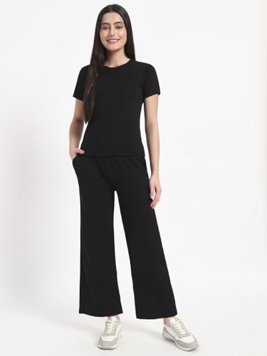 Image of Vogaan Women's Summer 2 Piece Co-Ord Set for Women Casual Short Sleeve Crop Top Wide Leg Sweat Pants for Travel Vacation Outfits Lounge Sets
