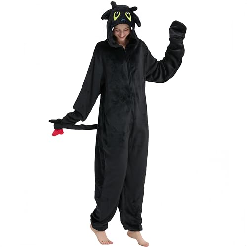 Zyrah Snug Fit Unisex Adult Animal Onesie Pajamas Flannel Cosplay Animal One Piece Halloween Costume Sleepwear Homewear (Medium Black)