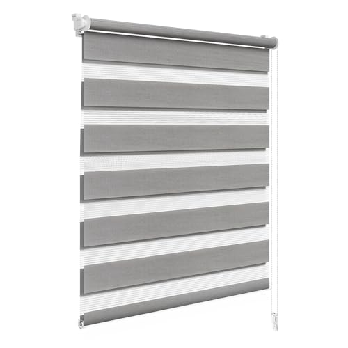 WOLTU Doppelrollo Klemmfix ohne Bohren Holzlook Grau B55 x H150 cm, Duo Rollo lichtdurchlässig Fensterrollo für innen verdunkelnd, Zebrarollo mit Kettenzug - Seitenzugrollo für Fenster und Tür