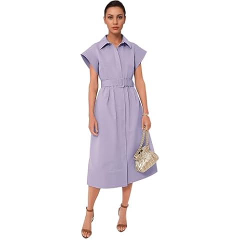 Haellun Women's Elegant Dress Classy Turn Down Collar Shirt Dress with Belt Short Wing Sleeve Trench Coat(Purple,M), Medium Cover