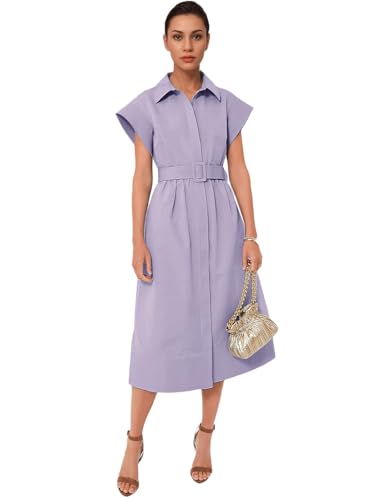 Image of Haellun Women's Elegant Dress Classy Turn Down Collar Shirt Dress with Belt Short Wing Sleeve Trench Coat(Purple,M), Medium