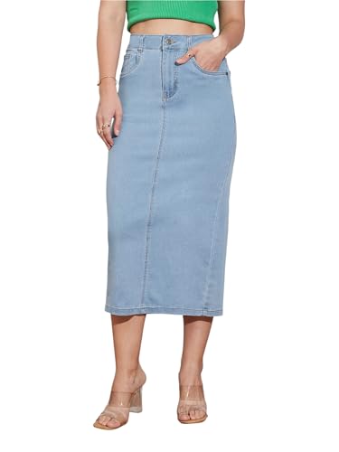 Image of Miss Chase Women's Regular High Rise Above Knee Stretchable Denim Skirt